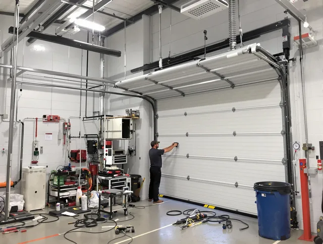 Palm Beach Gardens Garage Door Repair certified technician performing commercial door repair at a Palm Beach Gardens business facility