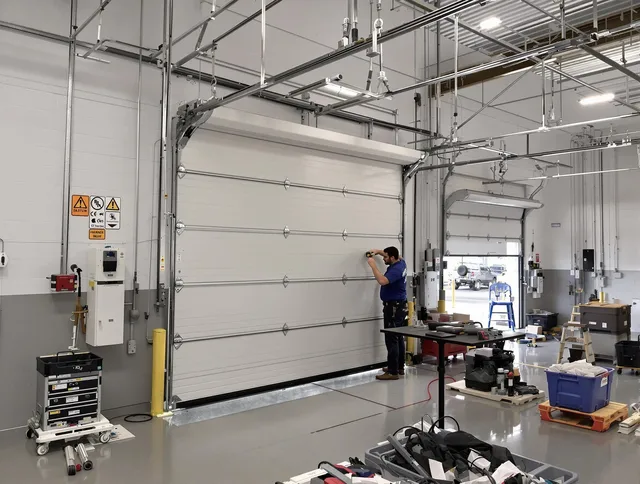 Commercial garage door repair being performed by Palm Beach Gardens Garage Door Repair expert in Palm Beach Gardens