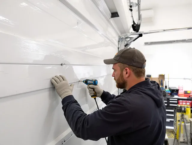 Palm Beach Gardens Garage Door Repair technician demonstrating precision dent removal techniques on a Palm Beach Gardens garage door