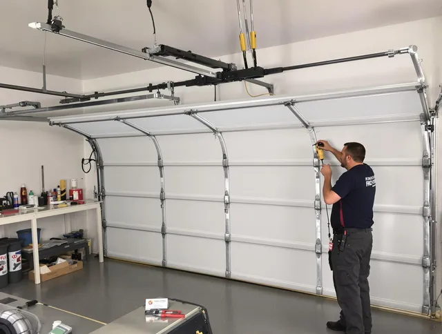 Palm Beach Gardens Garage Door Repair certified technician performing overhead door system repair in Palm Beach Gardens