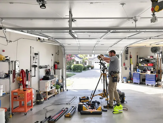 Palm Beach Gardens Garage Door Repair specialist performing laser-guided track alignment in Palm Beach Gardens